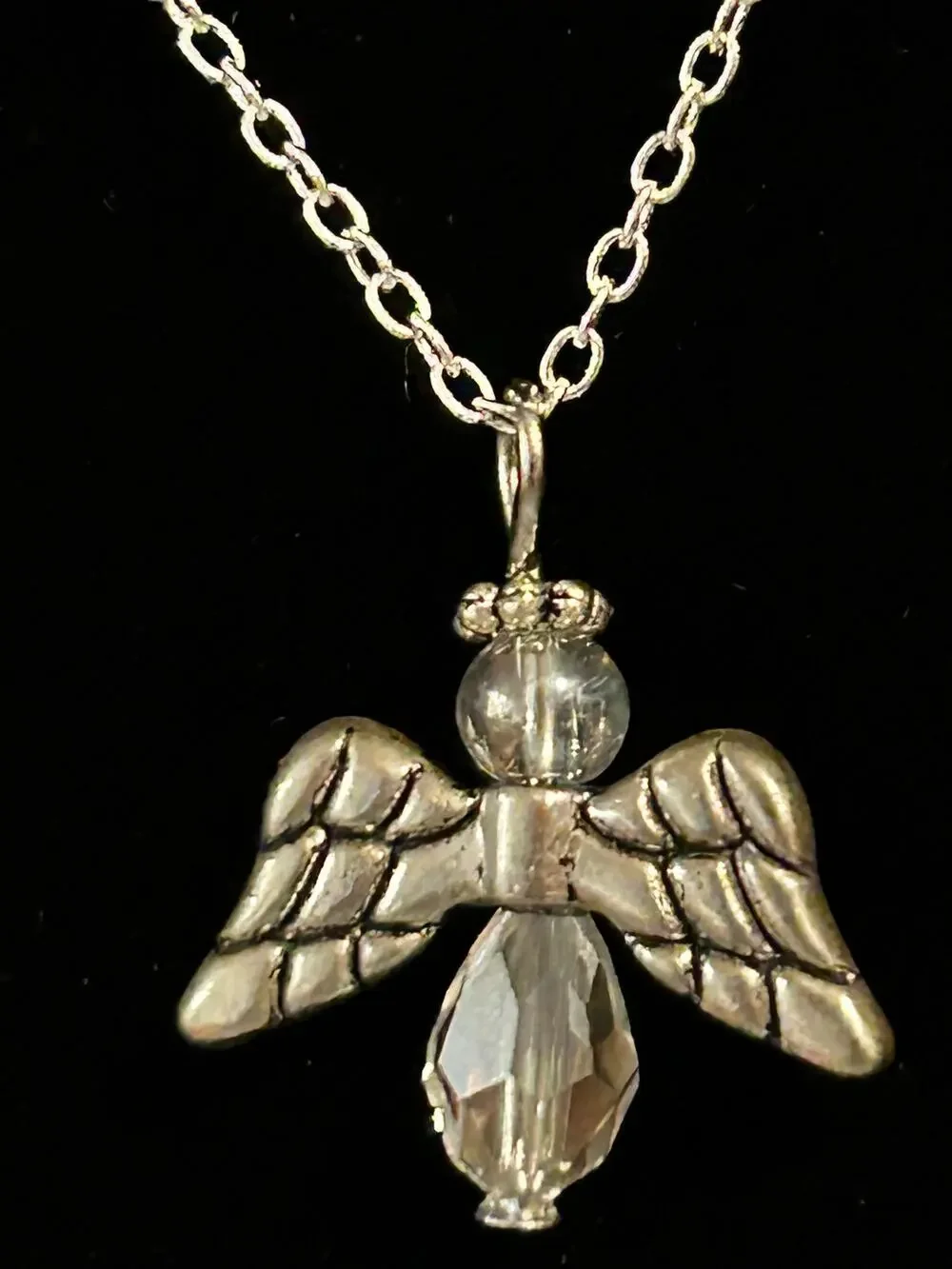 Silver Tone Beaded Angel Pendant Necklace 18